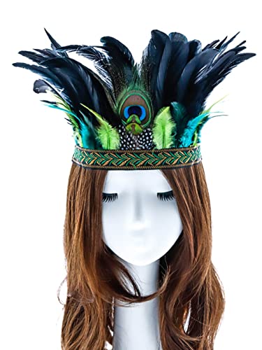 Aukmla Peacock Feather Fascinator Decorative Feather Headpiece Crown Headdress Costume Headband for Party Green